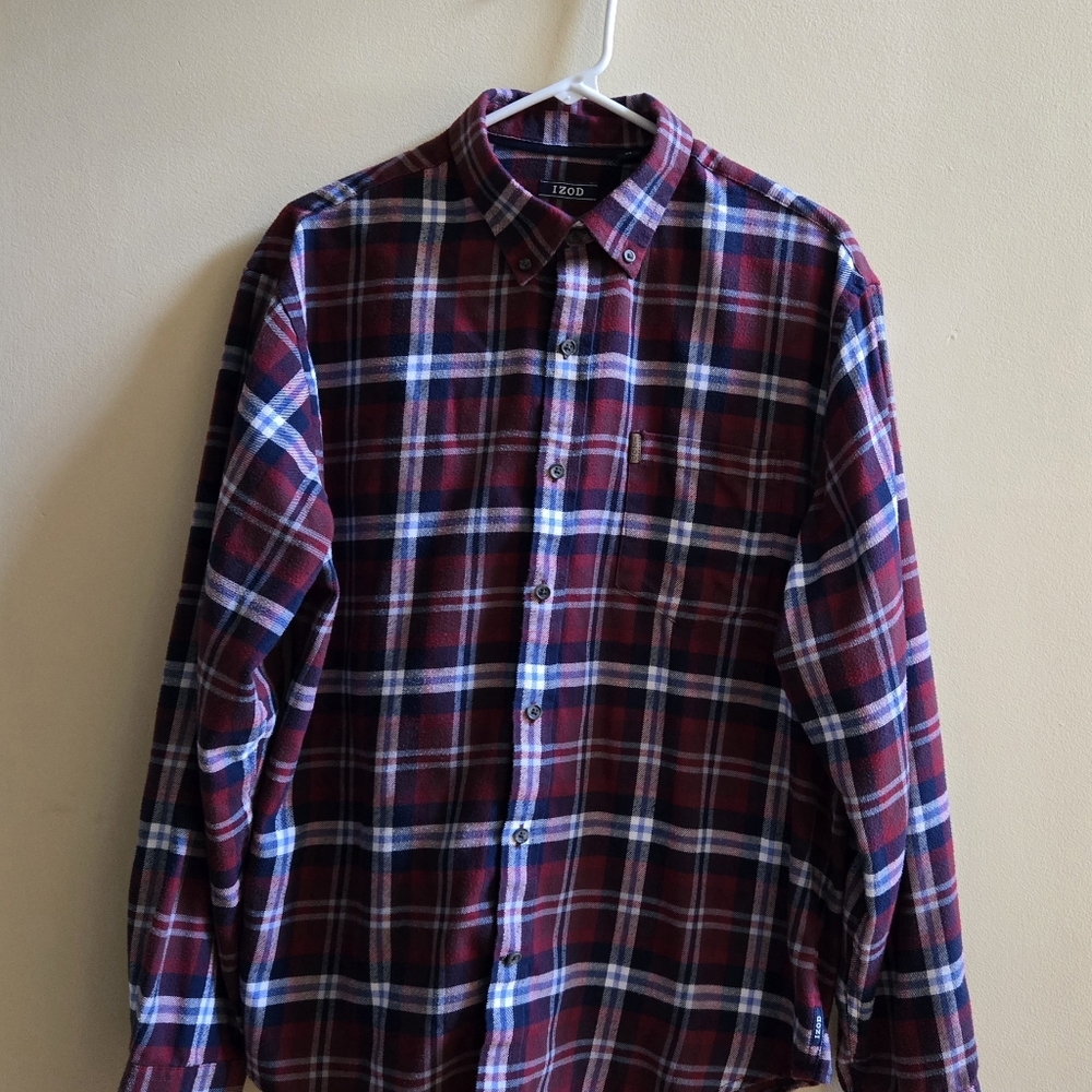 Izod Mens Large Red Plaid Flannel Long Sleeve Button Up Shirt